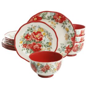 12-Piece Dinnerware Set, Teal (Color: Red)