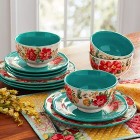 12-Piece Dinnerware Set, Teal (Color: teal)