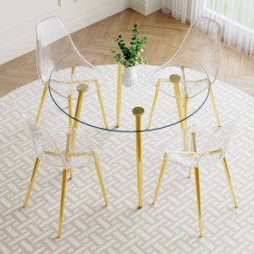 A modern minimalist style round transparent tempered glass table with gold metal legs (Color: as Pic)