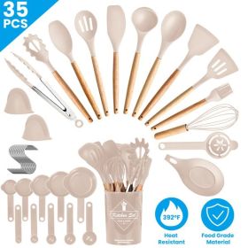 35Pcs Kitchen Cooking Utensils Set Spatula Set Baking Utensil Set Kitchen Accessories Necessities with Holder Egg Whisk Separator Tong Turner Spoons C (Color: as picture)